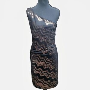 Vintage Nightway Dress Sz 12 Sequined Black Golden Bronze Midi Made In USA